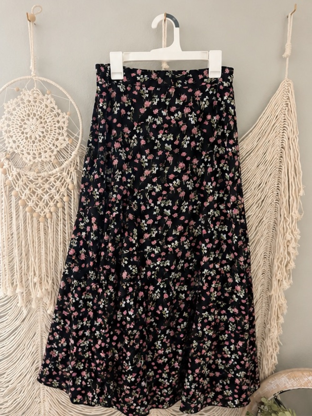 Black Maxi Skirt with Pink Floral Print